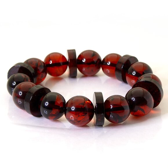 100% NATURAL Dark Cherry Amber Bracelet, 13-14 mm Round Beads with Disks - Picture 4 of 8
